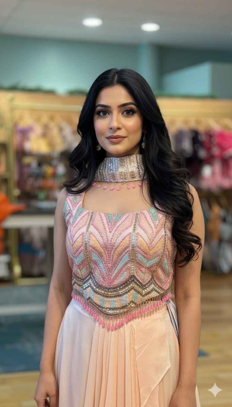 Pastel Peach Draped Skirt WIth Embroidered Top And Choker Dupatta