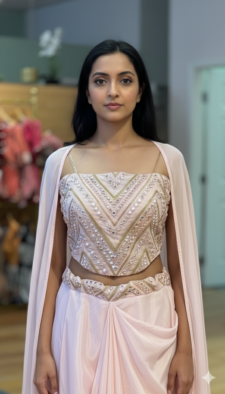 Pastel Pink Draped Skirt With Corset Blouse And Cape