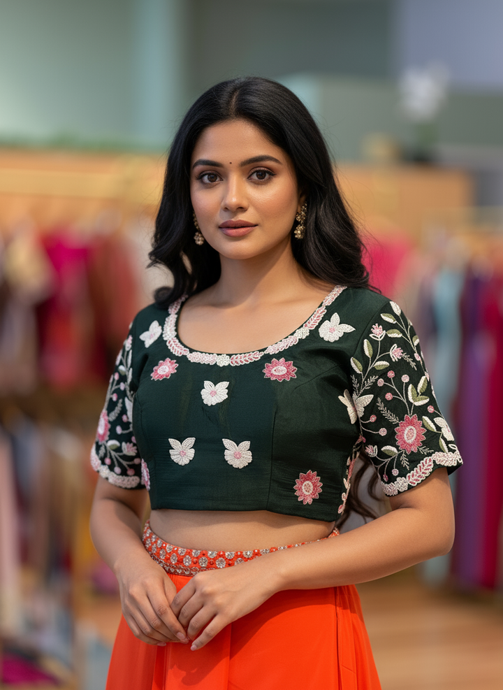 Dark Leaf Green Hand Embroidered Blouse