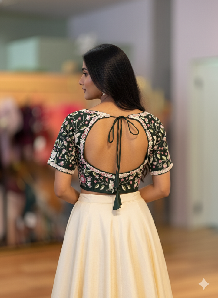 Dark Leaf Green Hand Embroidered Blouse
