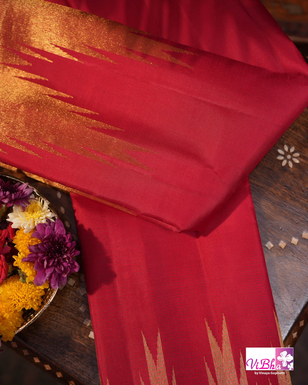 Crimson Handloom Kanchi Silk Saree with Blouse &amp; Zari Temple Border