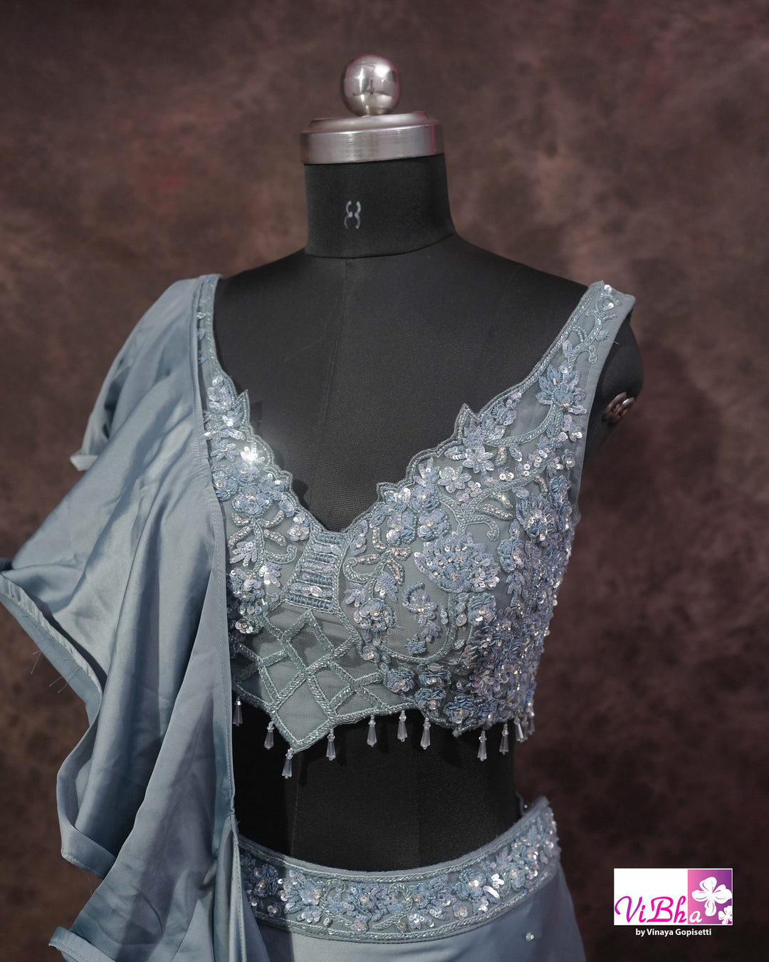 Dusty Blue Embroidered Lehenga Set With Ruffle Dupatta
