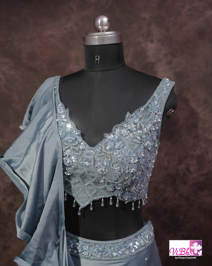 Dusty Blue Embroidered Lehenga Set With Ruffle Dupatta