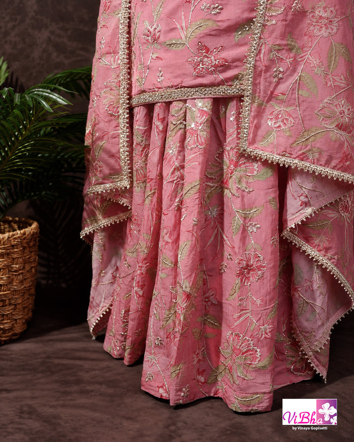 Peach Pink Floral Embroidered Sharara Set