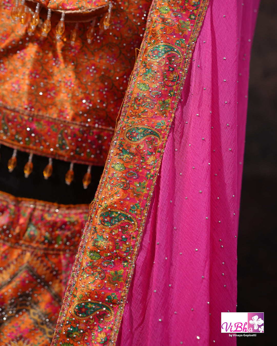 Orange &amp; Rani Pink Multicolor Lehenga Set