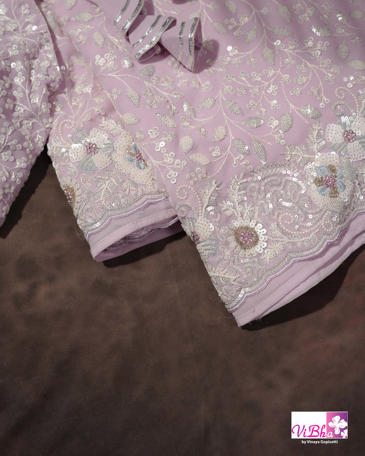 Pale Lilac Designer Saree with All-Over Floral Work and Scalloped Border
