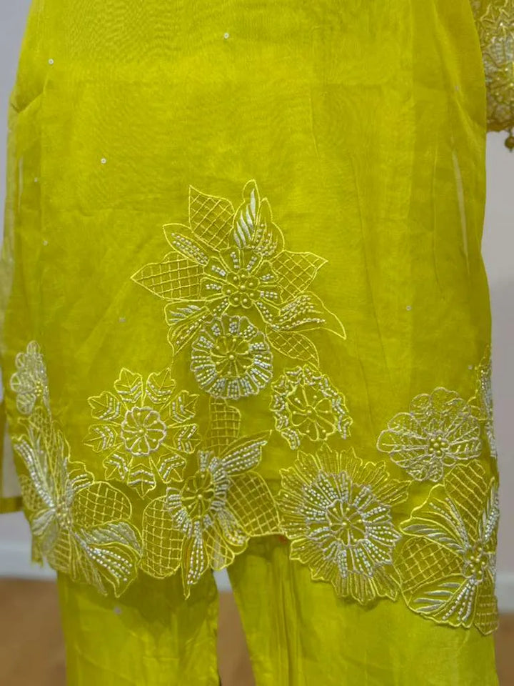 Lime Yellow Floral Embroidered Salwar Suit Set