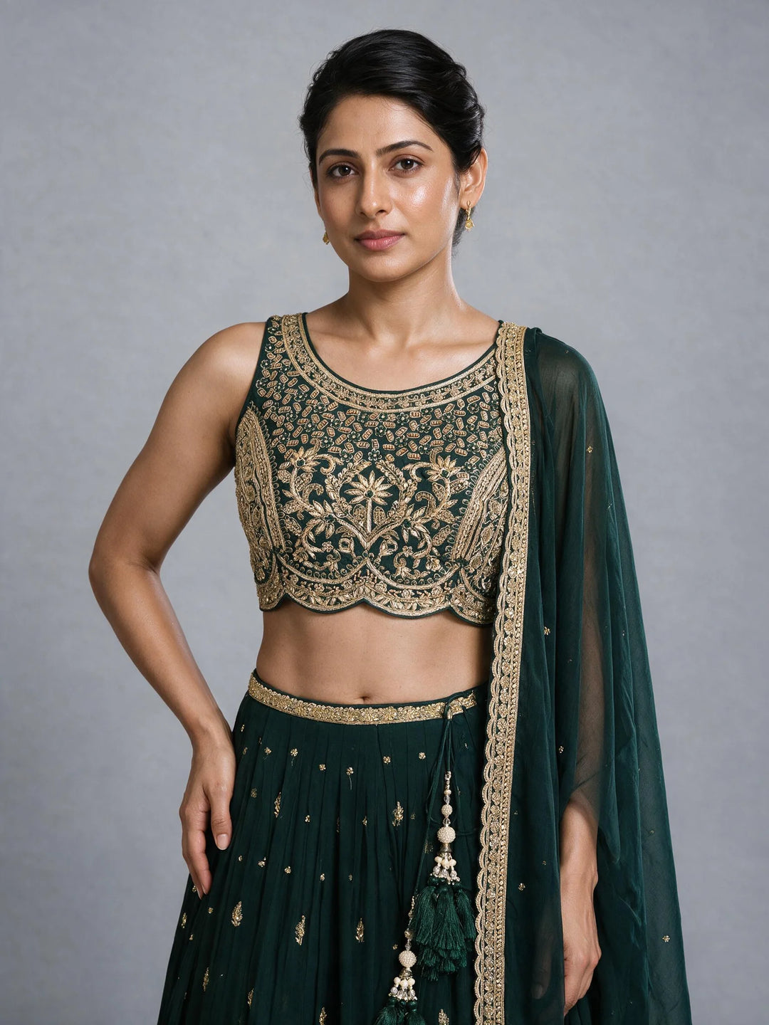 Emerald Green Silk Hand-Embroidered Zardosi Lehenga Set