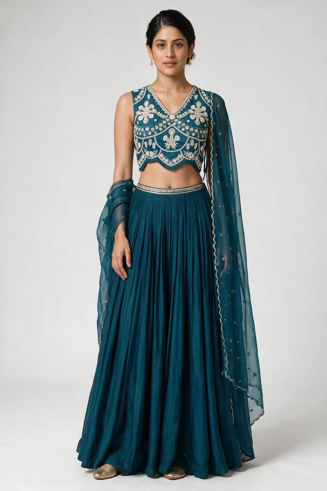 Teal Blue &amp; Ivory Embroidered Lehenga Set
