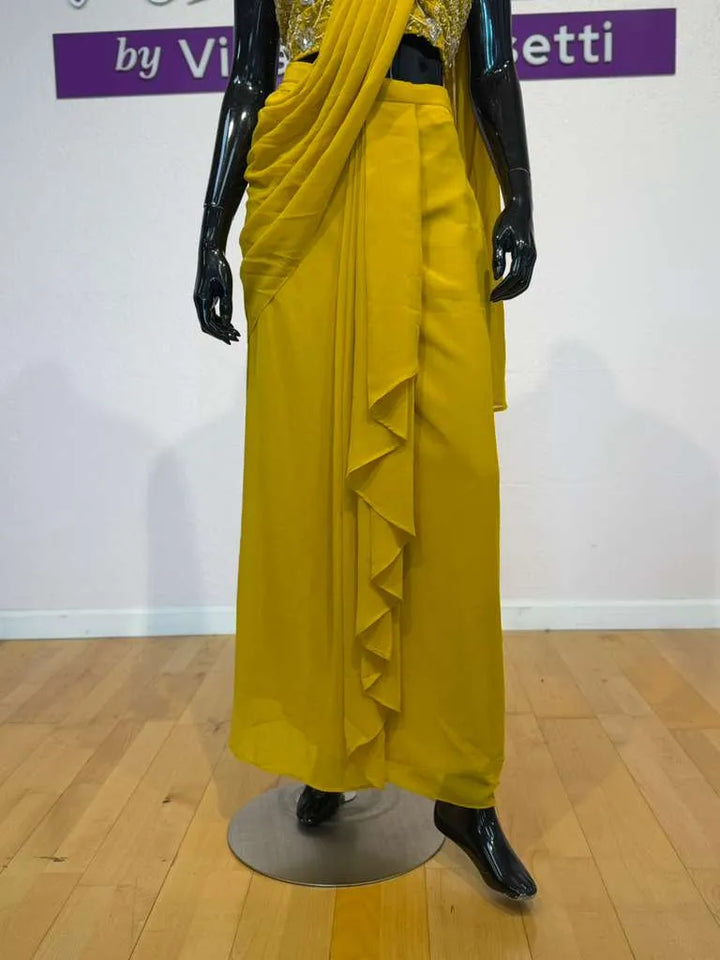 Mustard Yellow Embroidered Fusion Draped Skirt Set