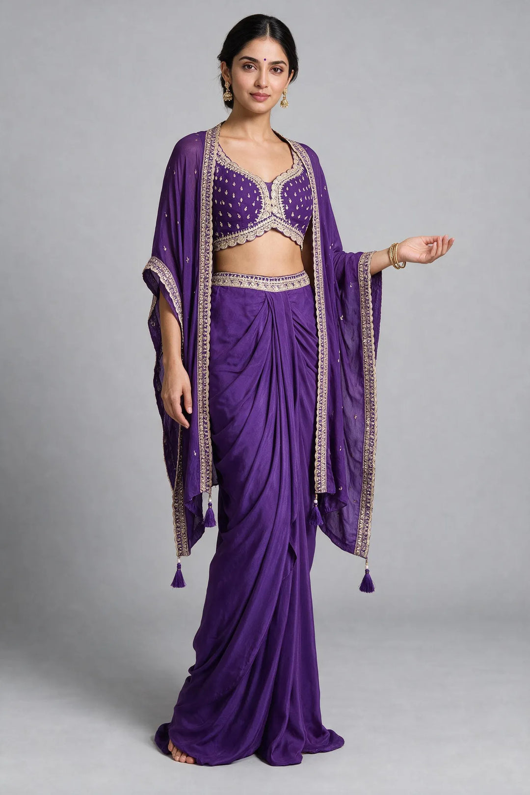 Purple Embellished Cape Fusion Draped Skirt Set