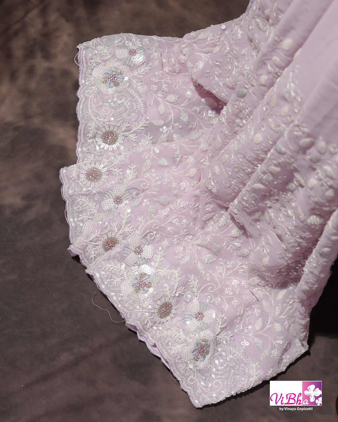 Pale Lilac Designer Saree with All-Over Floral Work and Scalloped Border