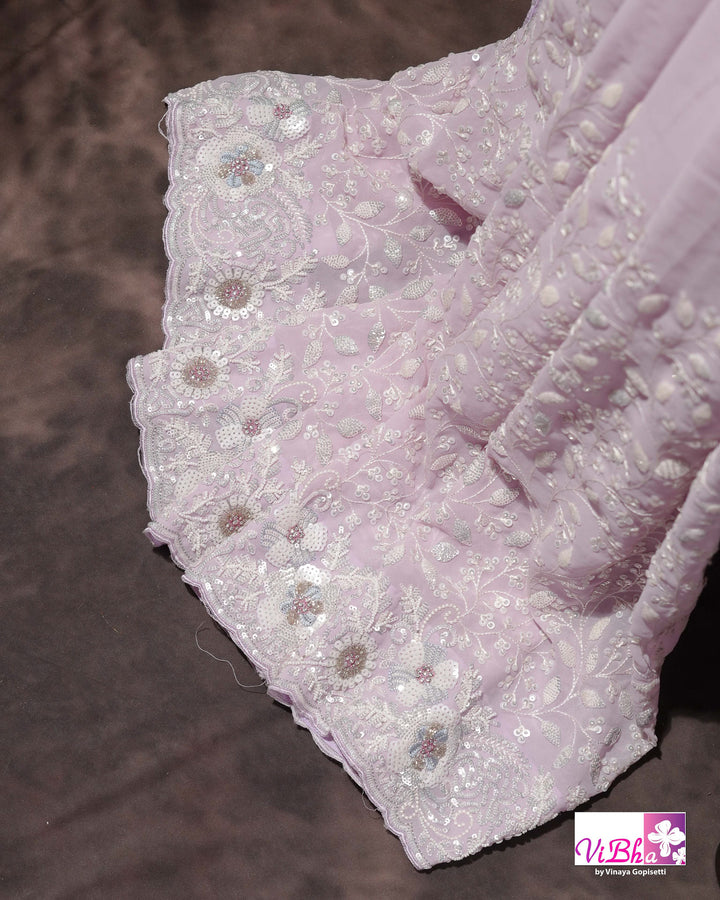 Pale Lilac Designer Saree with All-Over Floral Work and Scalloped Border