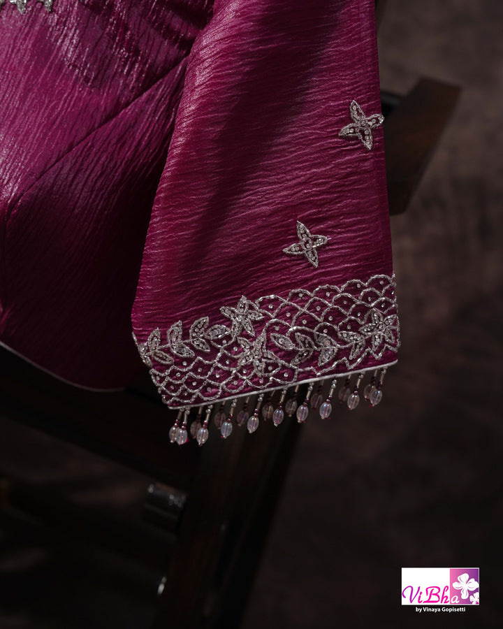 Magenta Shimmer Designer Saree with Silver-Toned Scalloped Border