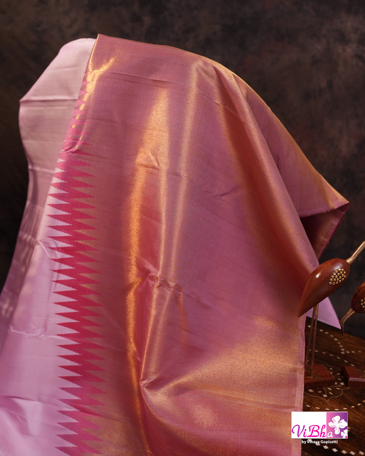 Baby Pink Kanchi Silk Saree with Blouse &amp; Zari Temple Border