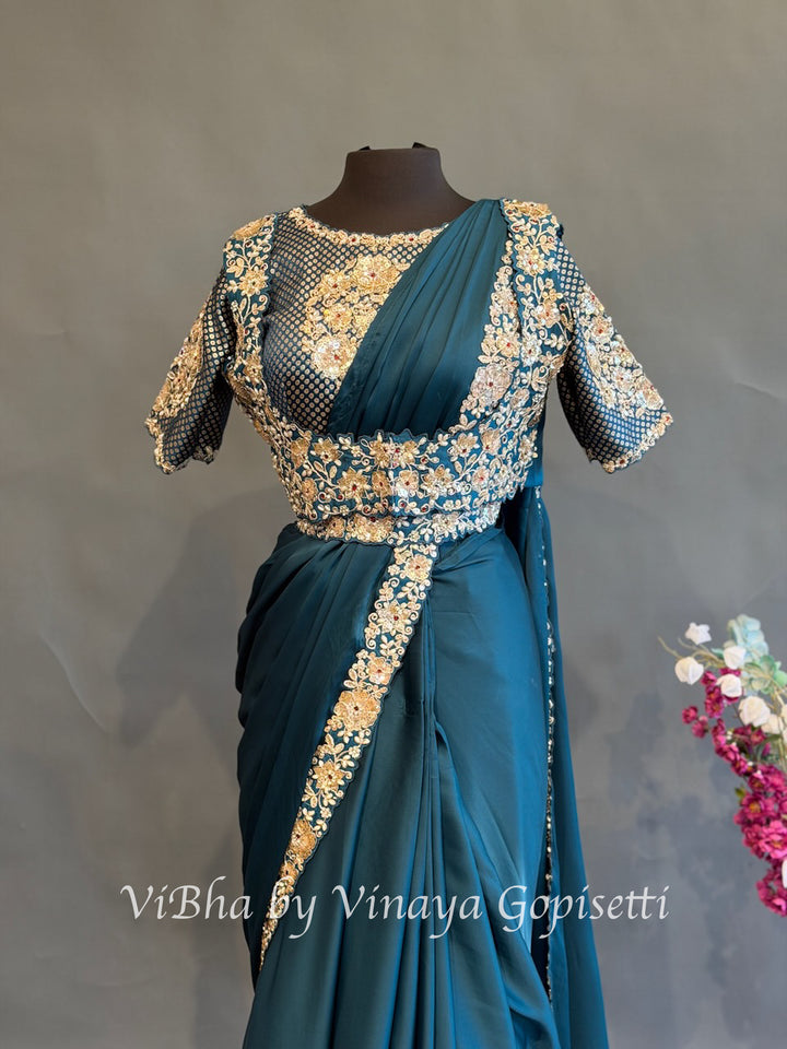 Peacock Blue Pre daraped saree and blouse with a Koti / vest