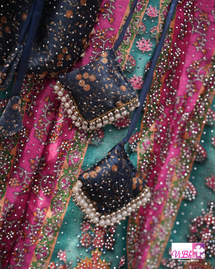 Navy Blue, Rani Pink &amp; Teal Multicolor Mehendi Lehenga Set