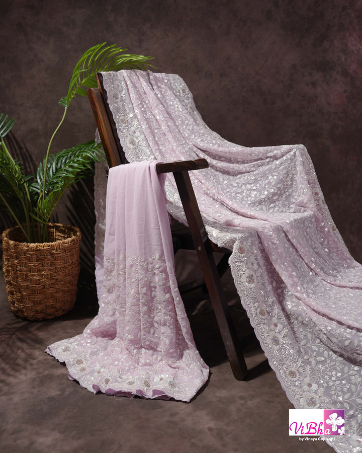 Pale Lilac Designer Saree with All-Over Floral Work and Scalloped Border