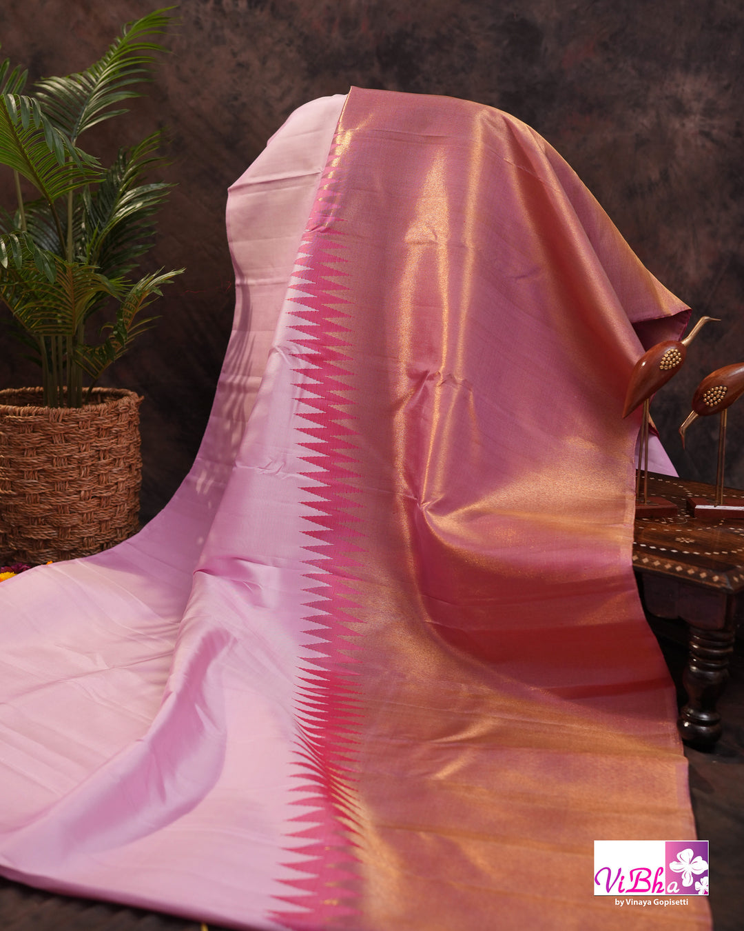 Baby Pink Kanchi Silk Saree with Blouse &amp; Zari Temple Border