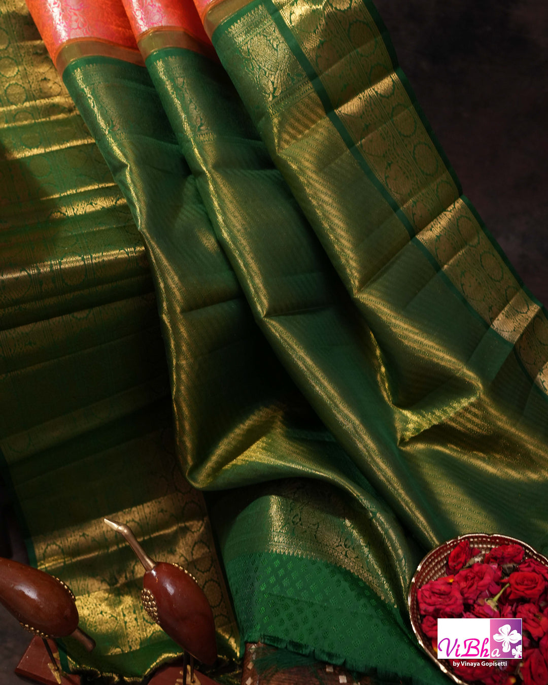 Coral Pink Kanchi Silk Saree with Floral Woven Design and Forest Green Gold Border