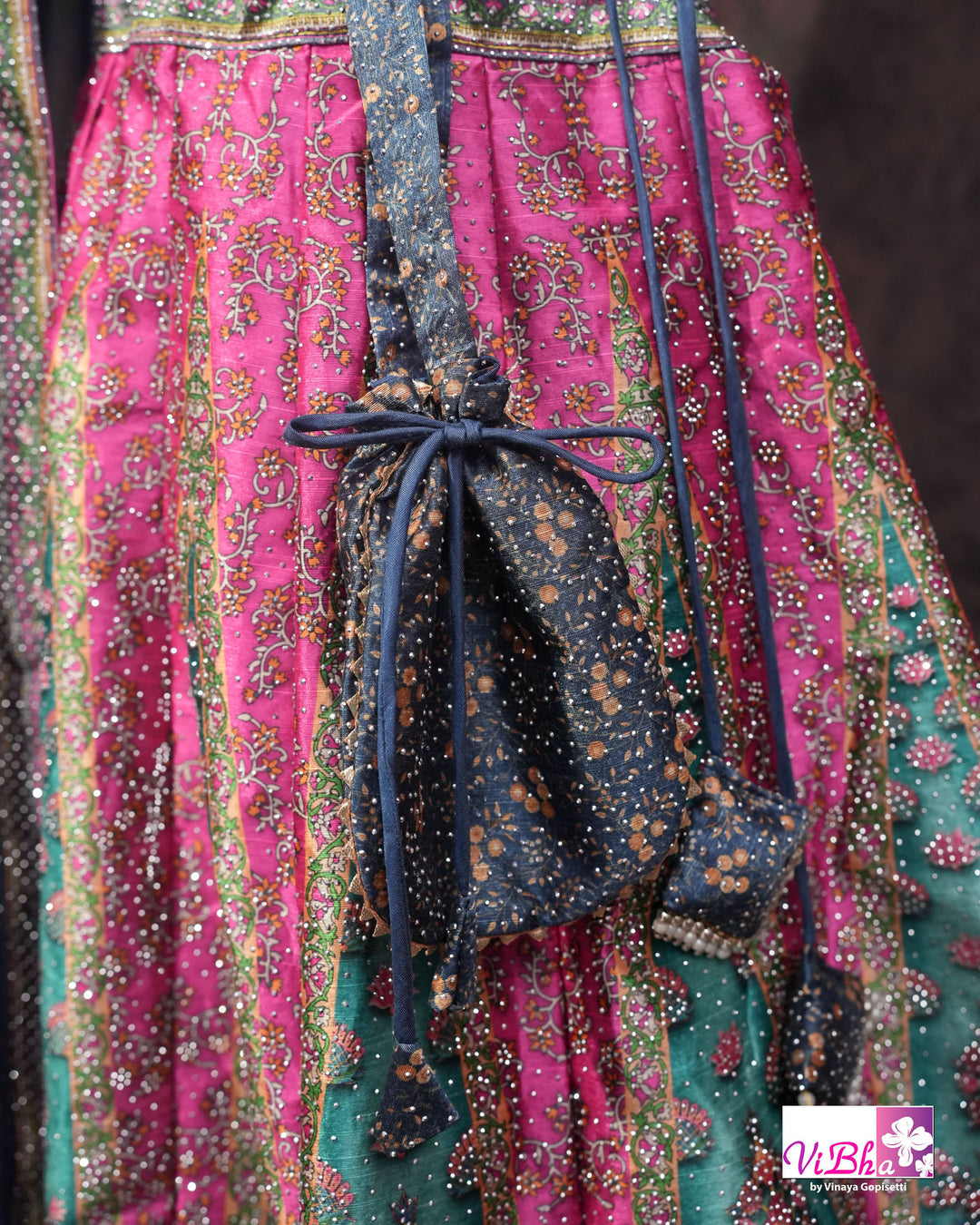 Navy Blue, Rani Pink &amp; Teal Multicolor Mehendi Lehenga Set