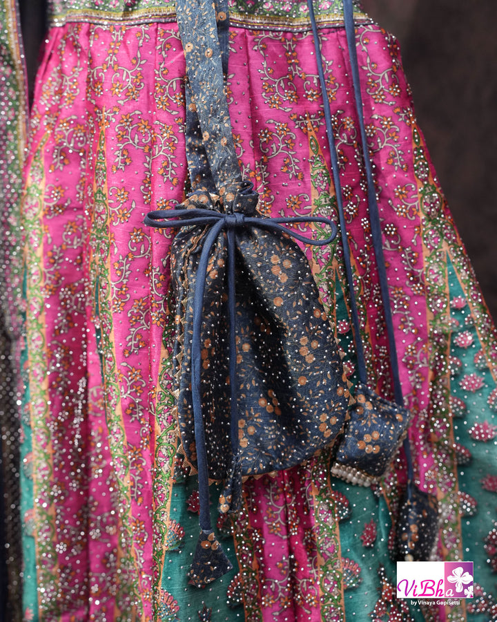 Navy Blue, Rani Pink &amp; Teal Multicolor Mehendi Lehenga Set