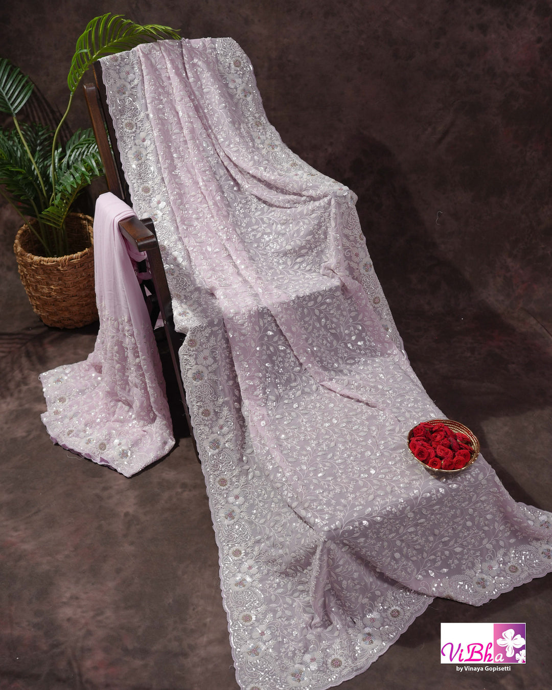 Pale Lilac Designer Saree with All-Over Floral Work and Scalloped Border