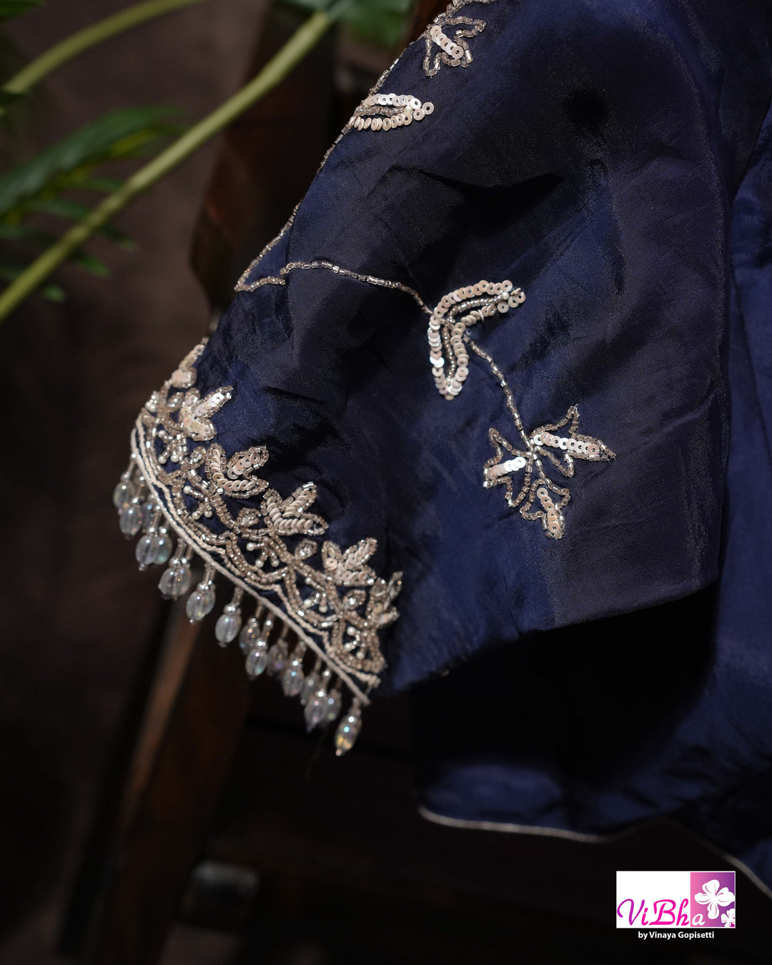 Navy Blue Designer Saree with Silver-Toned Vine and Paisley Embellishments