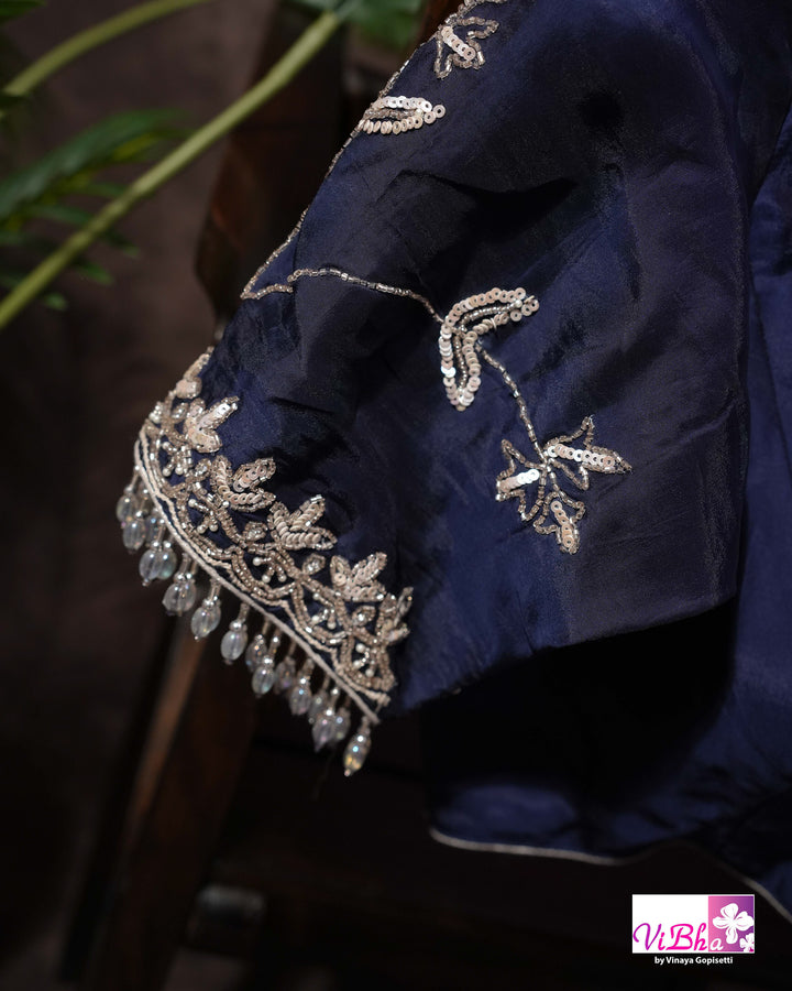 Navy Blue Designer Saree with Silver-Toned Vine and Paisley Embellishments