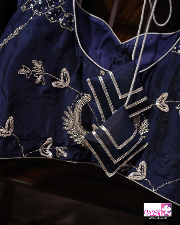 Navy Blue Designer Saree with Silver-Toned Vine and Paisley Embellishments