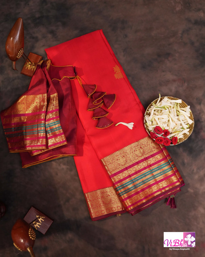 Red Kanchi Silk Saree With Deep Maroon Blouse