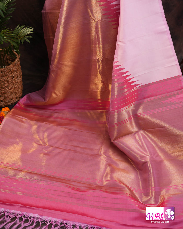 Baby Pink Kanchi Silk Saree with Blouse &amp; Zari Temple Border