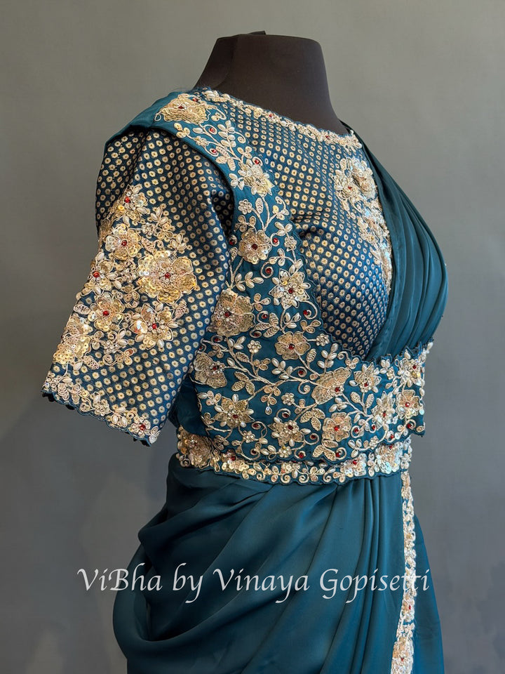 Peacock Blue Pre daraped saree and blouse with a Koti / vest