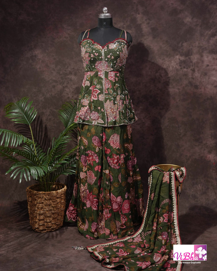Olive Green Floral Embellished Sharara Set