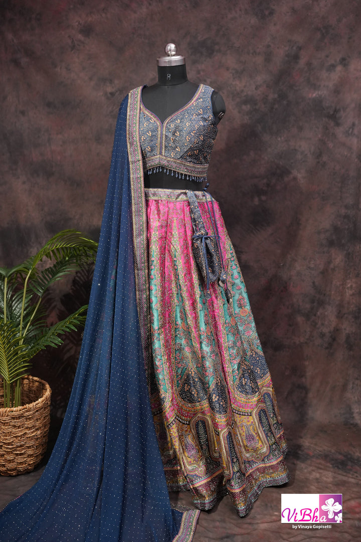 Navy Blue, Rani Pink &amp; Teal Multicolor Mehendi Lehenga Set