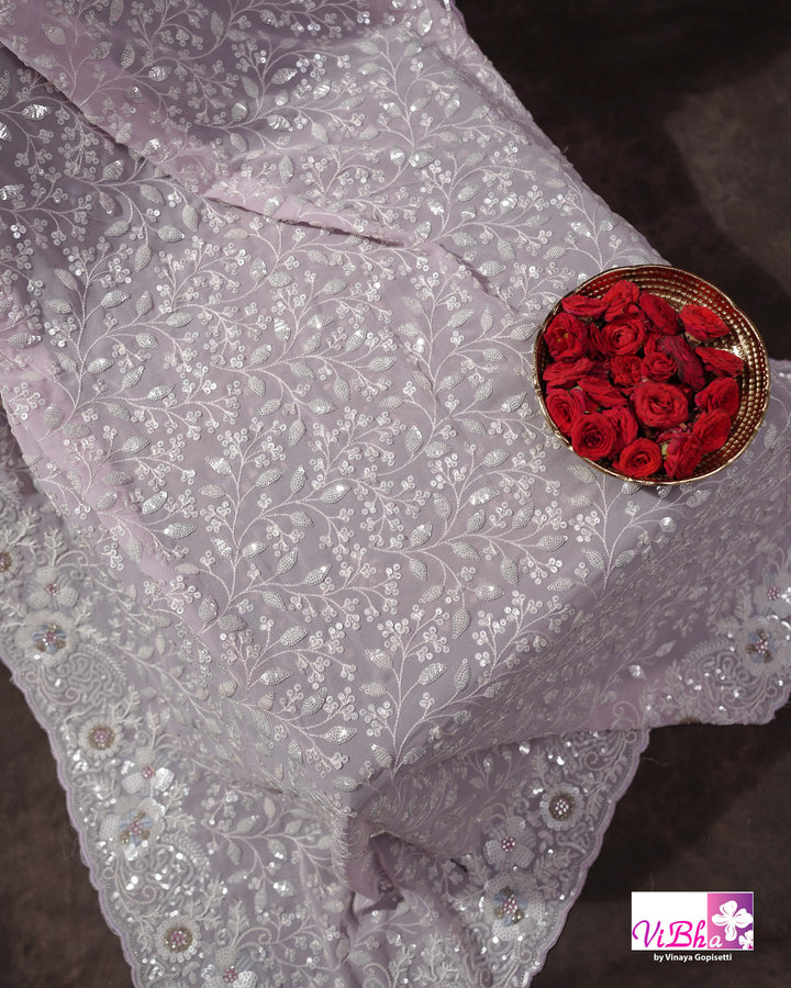 Pale Lilac Designer Saree with All-Over Floral Work and Scalloped Border