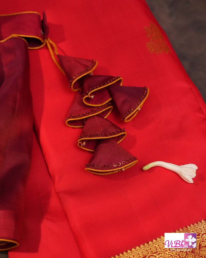 Red Kanchi Silk Saree With Deep Maroon Blouse