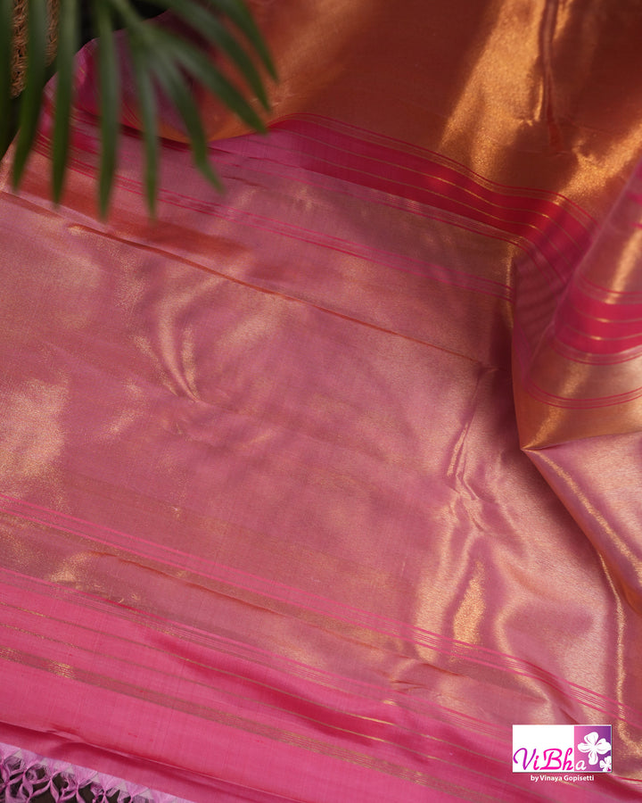 Baby Pink Kanchi Silk Saree with Blouse &amp; Zari Temple Border