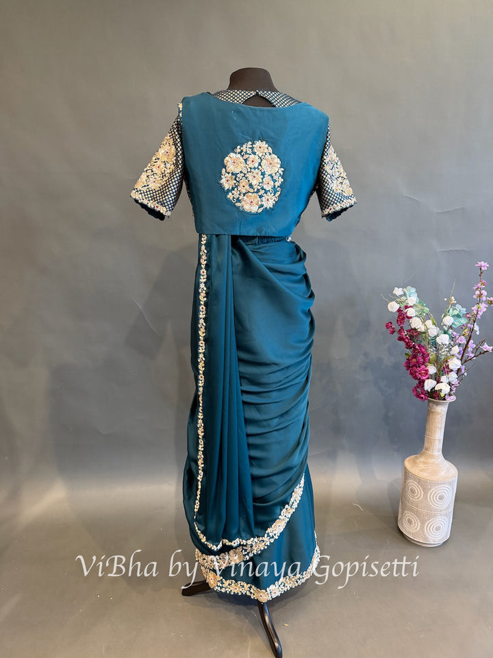 Peacock Blue Pre daraped saree and blouse with a Koti / vest