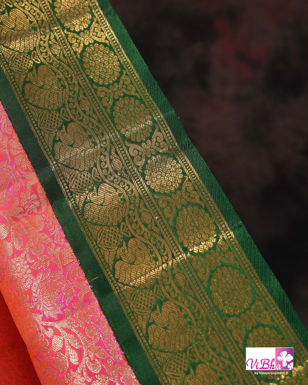 Coral Pink Kanchi Silk Saree with Floral Woven Design and Forest Green Gold Border