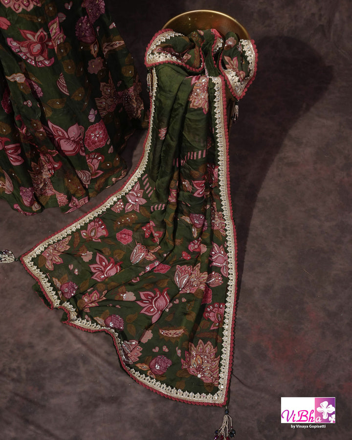 Olive Green Floral Embellished Sharara Set