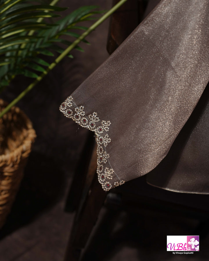 Taupe Shimmer Designer Saree with Ornamental Motifs and Scalloped Border