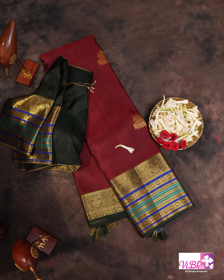 Dark Maroon And Green Kanchi Silk Saree And Blouse