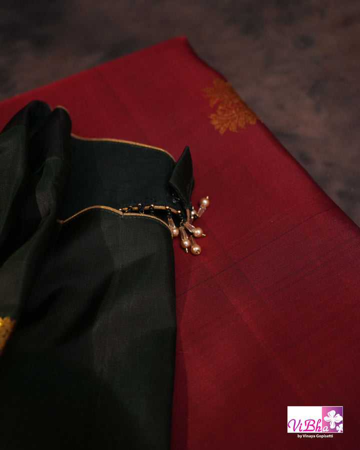 Dark Maroon And Green Kanchi Silk Saree And Blouse