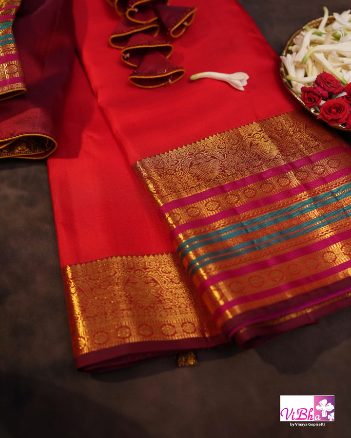 Red Kanchi Silk Saree With Deep Maroon Blouse
