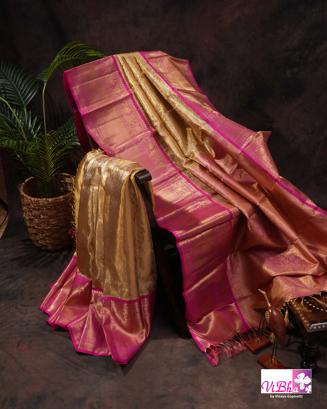 Gold Kanchi Silk Saree with Magenta Pink Border and Ornate Woven Pallu