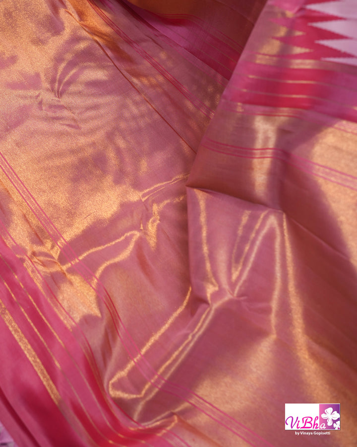 Baby Pink Kanchi Silk Saree with Blouse &amp; Zari Temple Border