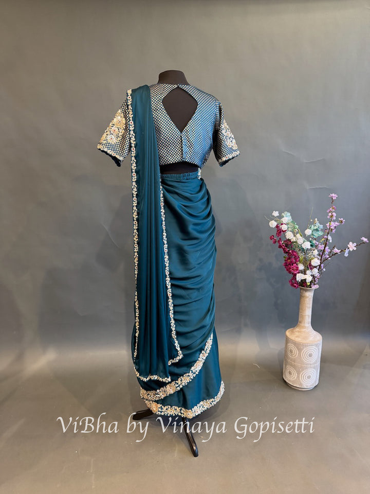 Peacock Blue Pre daraped saree and blouse with a Koti / vest