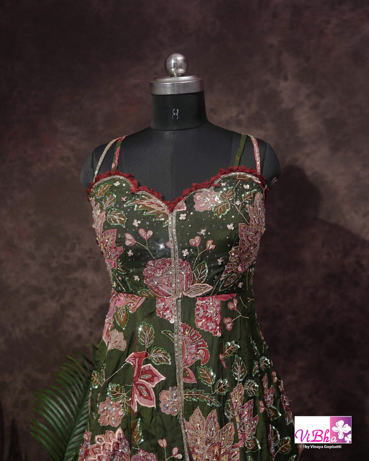 Olive Green Floral Embellished Sharara Set