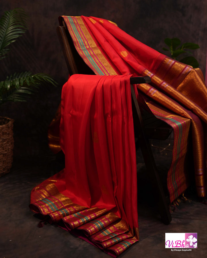 Red Kanchi Silk Saree With Deep Maroon Blouse